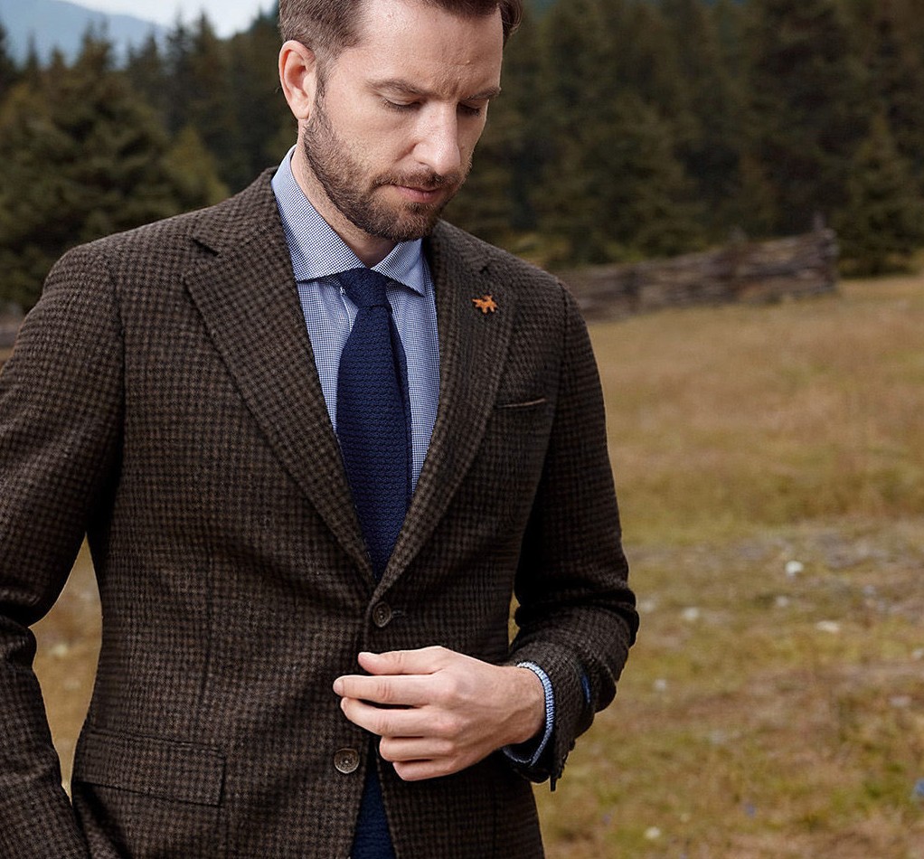 Brown-blue check tweed jacket